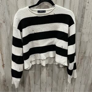 Zara Striped Cropped Distressed Boxy Oversized Sweater
